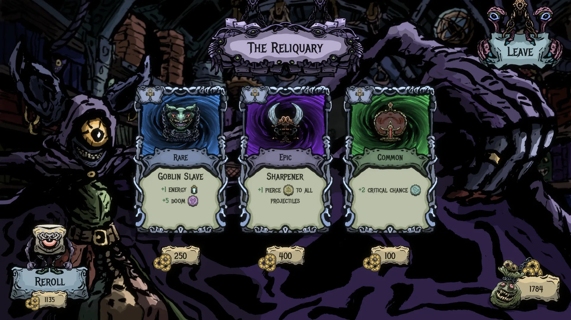 Devoidant screenshot: The Reliquary: buying relics between fights