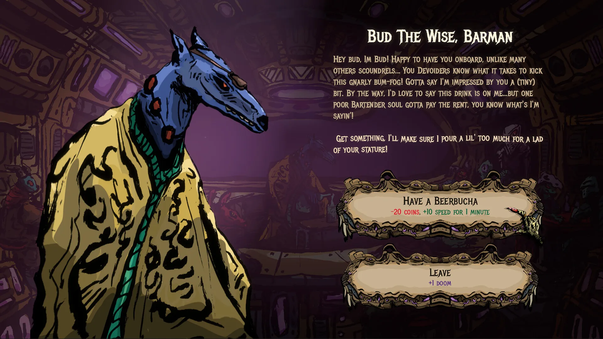 Devoidant screenshot: Bud the Wise, barman of The Wandering Cantina