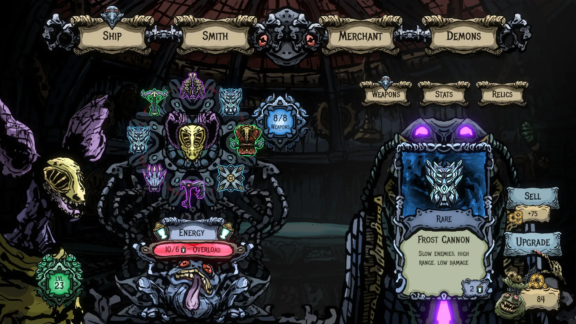 Devoidant screenshot: The ship hub with the Smith, Merchant and Demons tabs